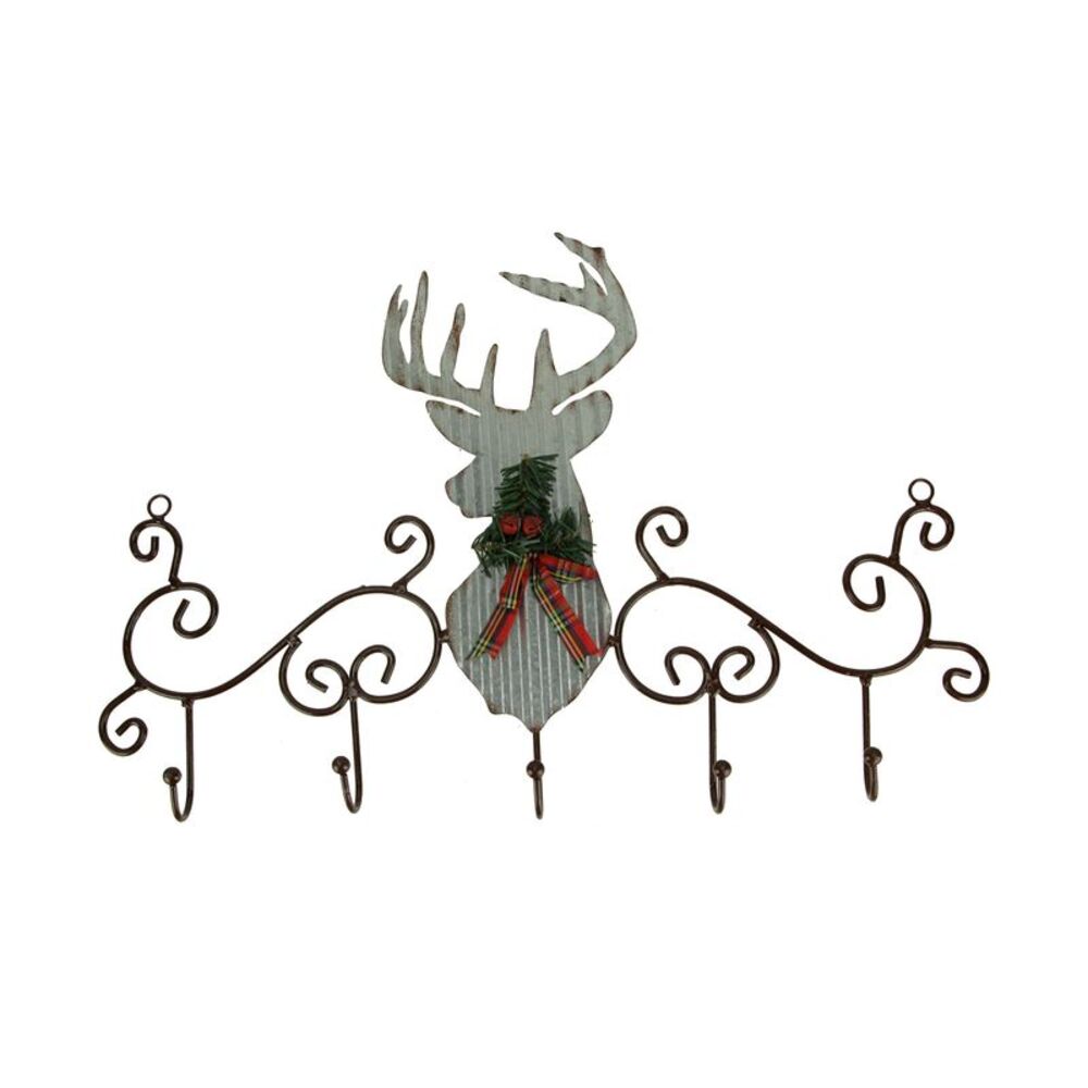 Metal Art Scroll Rustic Deer with Pine and Bow Wall Hook Rack